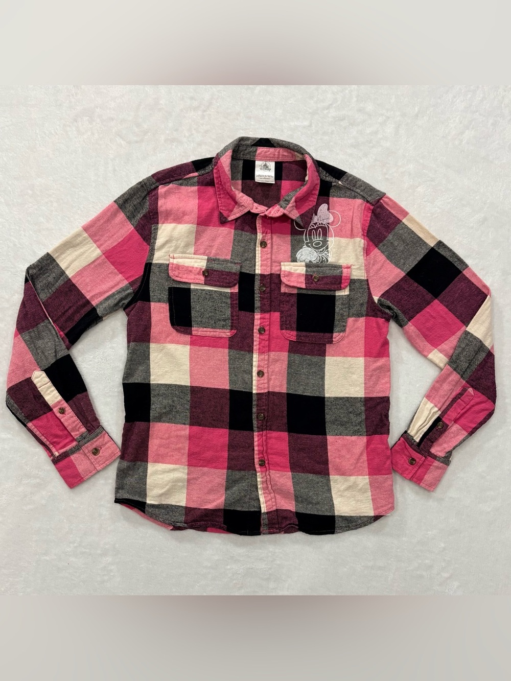 Disney Minnie Mouse Pink Black White Plaid Button Up Shirt Girls Youth Size L